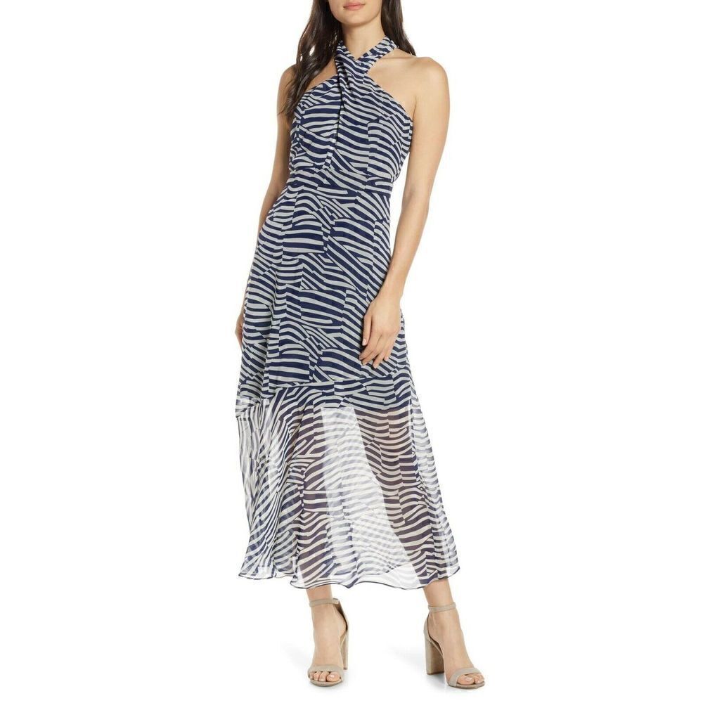 Sam Edelman Graphic Halter Chiffon Navy Dress